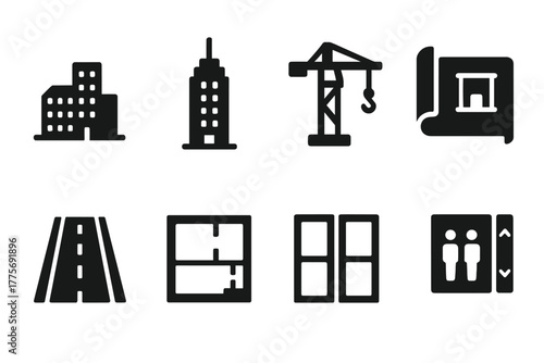 City Development Icons. City Development. Filled icon set of City Development: city skyline, skyscraper, crane