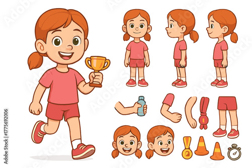 Cheerful Girl Runner. Cartoon realistic vector illustration, Character constructor style, isolated transparent