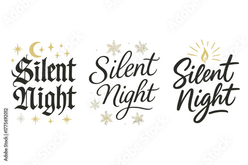 Silent Night Calligraphy Variations. Silent Night. Create a calligraphy lettering illustration of the phrase:
