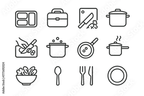 Healthy Eating Icons. Healthy eating habits. Line outline icon set of Healthy eating habits: meal prep