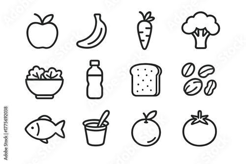 Healthy Food Icons. Healthy eating habits. Line outline icon set of Healthy eating habits: apple, banana,