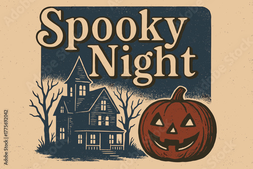 Retro Haunted Night. Spooky Night. vintage serif script, shadowed outlines, aged print texture, nostalgic
