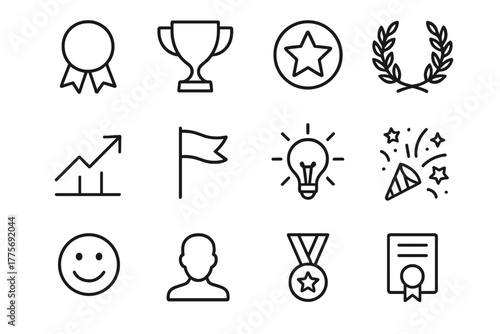 Healthy Icons Set. Healthy eating habits. Line outline icon set of Healthy eating habits: award ribbon, trophy