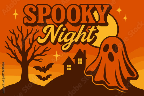 70s Spooky Night. Spooky Night. 70s poster vibe, warm gradient fills, thick outlines, offset shadows,