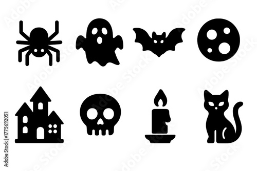 Creepy Night Icons. Creepy Night. Filled icon set of Creepy Night: spider, ghost, bat, full moon, haunted