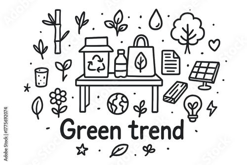 Green Trend Doodle. Green trend. Hand-drawn doodle illustration of Green trend. In the middle, one slightly