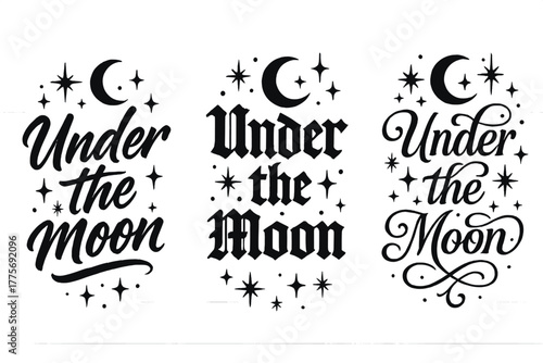 Under the Moon. Under the Moon. Create a calligraphy lettering illustration of the phrase: Under the Moon.