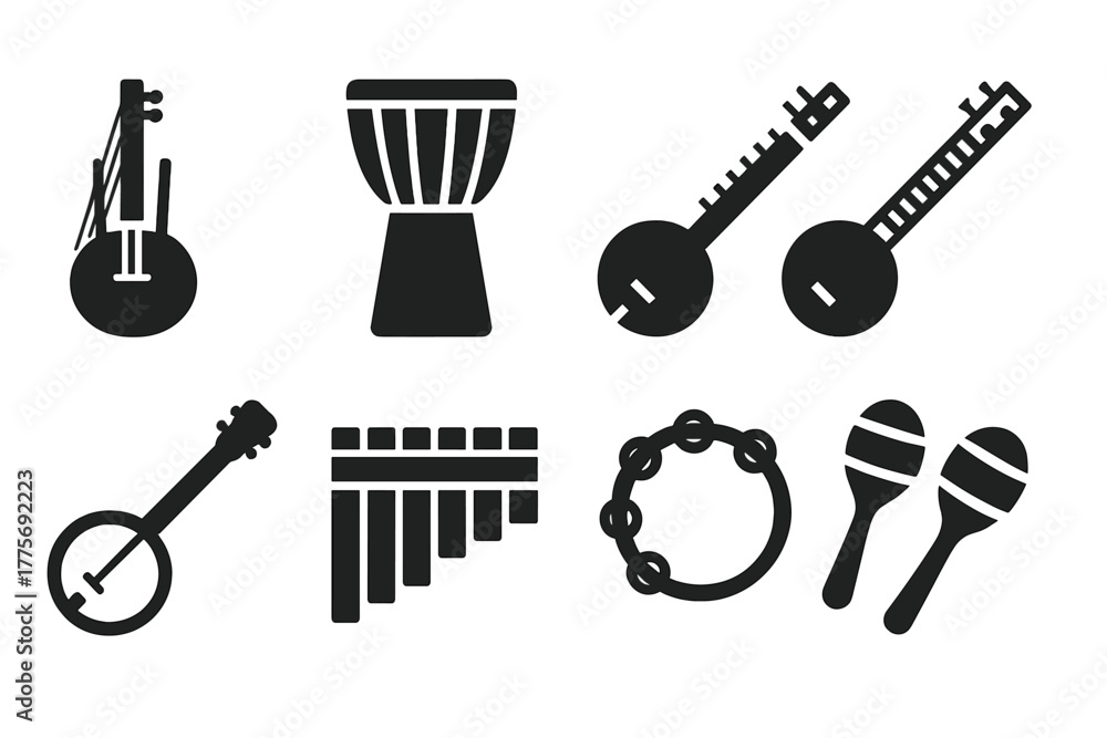 Obraz premium Ethnic Instrument Icons. Ethnic Ensemble. Filled icon set of Ethnic Ensemble: kora, djembe, accordion, sitar,