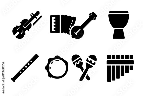 Folk Music Icons. Folk Music Ensemble. Filled icon set of Folk Music Ensemble: fiddle, accordion, banjo,