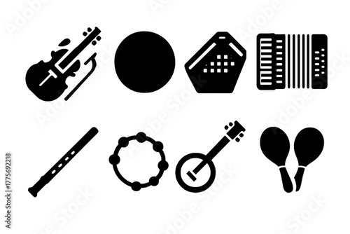 Folk Instrument Icons. Folk Instruments. Filled icon set of Folk Instruments: fiddle, bodhrán drum, dulcimer,
