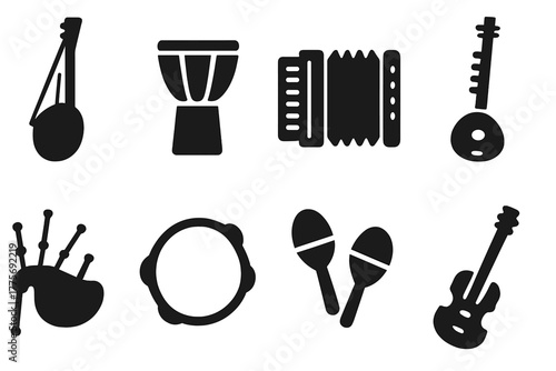 World Instrument Icons. World Instruments. Filled icon set of World Instruments: kora, djembe, accordion,