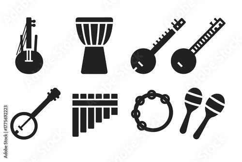 Ethnic Instrument Icons. Ethnic Ensemble. Filled icon set of Ethnic Ensemble: kora, djembe, accordion, sitar,