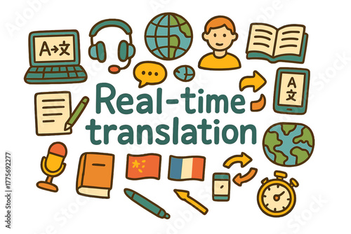 Real-Time Translation Doodles. Real-time translation. Hand-drawn doodle illustration of Real-time translation.