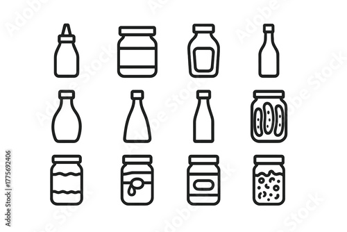 Fridge Essentials Icons. Peeking into the fridge. Line outline icon set of Peeking into the fridge: ketchup