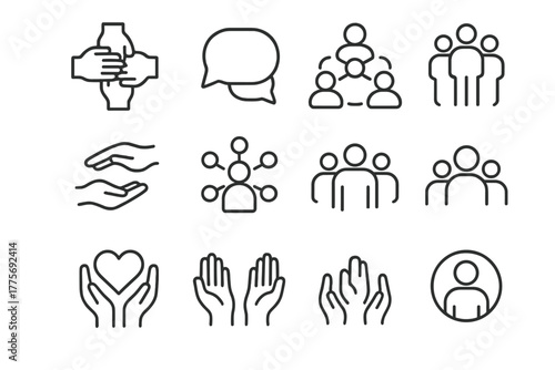 Unity Icon Set. Peeking into the fridge. Line outline icon set of Peeking into the fridge: teamwork hands,