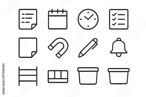Fridge Icons Set. Peeking into the fridge. Line outline icon set of Peeking into the fridge: shopping list,