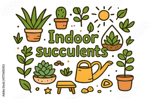 Doodle Succulents Delight. Indoor succulents. Hand-drawn doodle illustration of Indoor succulents. aloe,