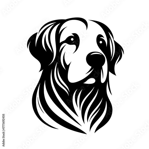 Golden Retriever dog, vector in black strokes and lines. Diversity of breeds, pet and friend for human. Vet clinic professional services, grooming salon and dog food decoration