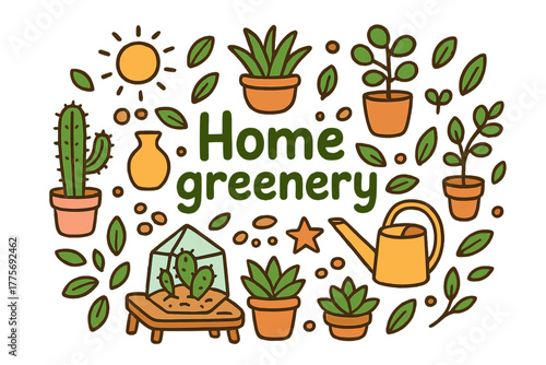 Home Greenery Doodle. Home greenery. Hand-drawn doodle illustration of Home greenery. succulents, cactus, aloe