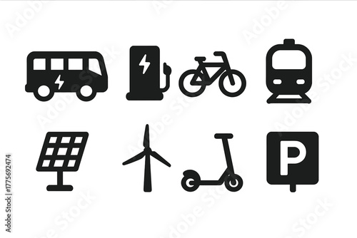 Green Transport Icons. Green Transportation Hubs. Filled icon set of Green Transportation Hubs: electric bus,