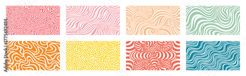 Abstract Wavy Line Pattern Collection. Fluid Maze & Psychedelic Curved Line Textures,  Modern Seamless Vector Backgrounds.
