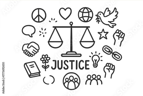 Justice Doodle Illustration. Justice. Hand-drawn doodle illustration of Justice. In the middle, one slightly