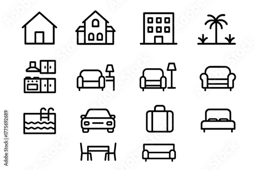 Reality Show Icons. Reality show filming. Line outline icon set of Reality show filming: house icon, villa,