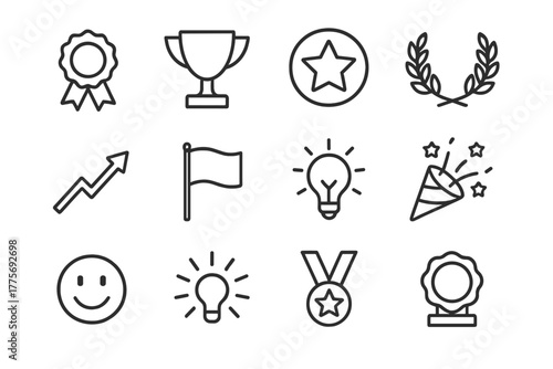 Reality Show Icon Set. Reality show filming. Line outline icon set of Reality show filming: award ribbon,