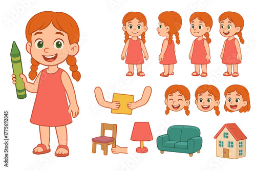 Mini Designer Girl. Cartoon realistic vector illustration, Character constructor style, isolated transparent