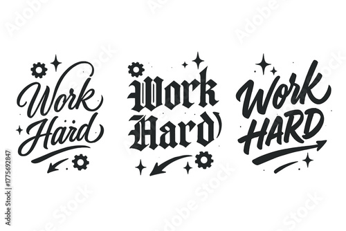 Dynamic Calligraphy Styles. Work Hard. Create a calligraphy lettering illustration of the phrase: Work Hard.