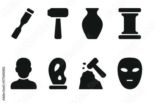 Sculpting Tools Icon Set. Sculpting Tools. Filled icon set of Sculpting Tools: chisel, hammer tool, clay pot,