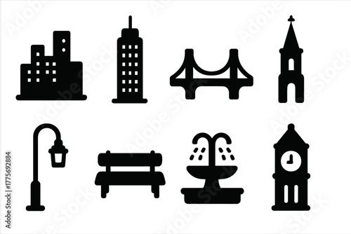 Cityscape Icon Set. Cityscape Sketch. Filled icon set of Cityscape Sketch: skyline, skyscraper, bridge, church