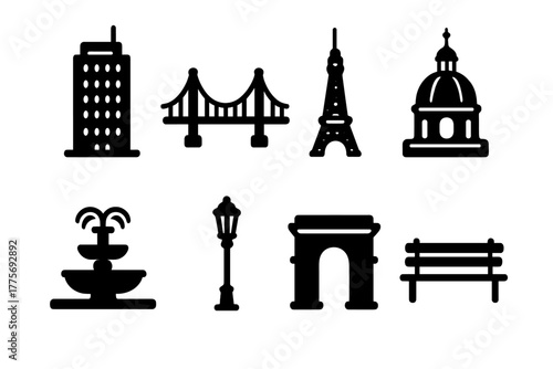 City Icon Sketches. City Architecture Sketch. Filled icon set of City Architecture Sketch: skyscraper, bridge,