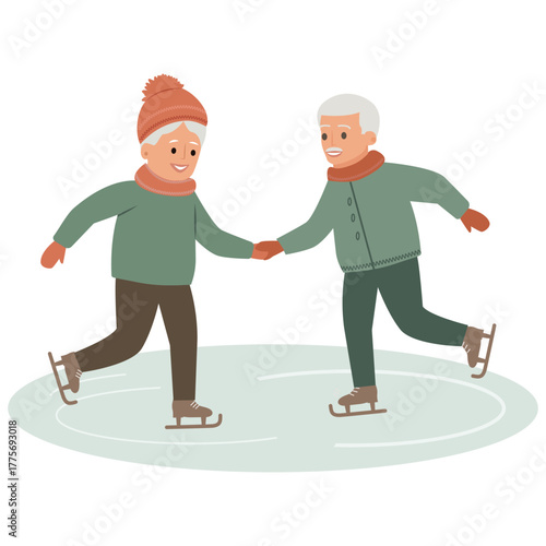  An elderly man and woman ice skating holding hands