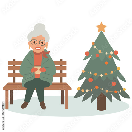An elegant woman sits on a bench next to a Christmas tree