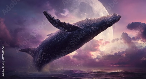 Bathed in the silvery glow of a full moon, the ocean yields a mystical creature that leaps from its depths, evoking feelings of amazement and trepidation in all who behold it