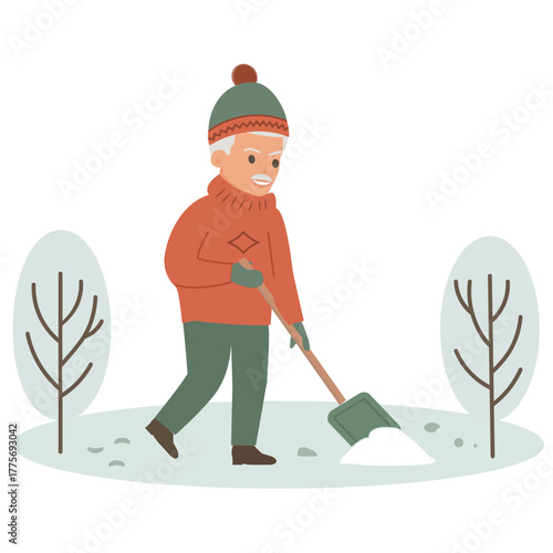   An elderly man shoveling snow from his garden