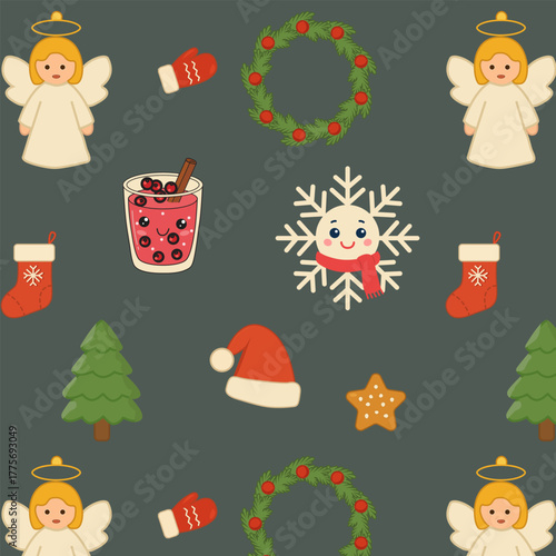 Berry cocktail, snowflake, angel, and Santa Claus attributes. Christmas pattern