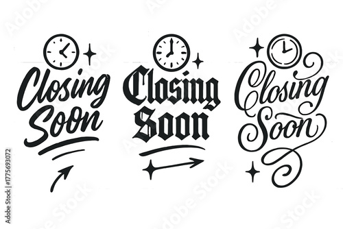 Closing Soon Trio. Closing Soon. Create a calligraphy lettering illustration of the phrase: Closing Soon.