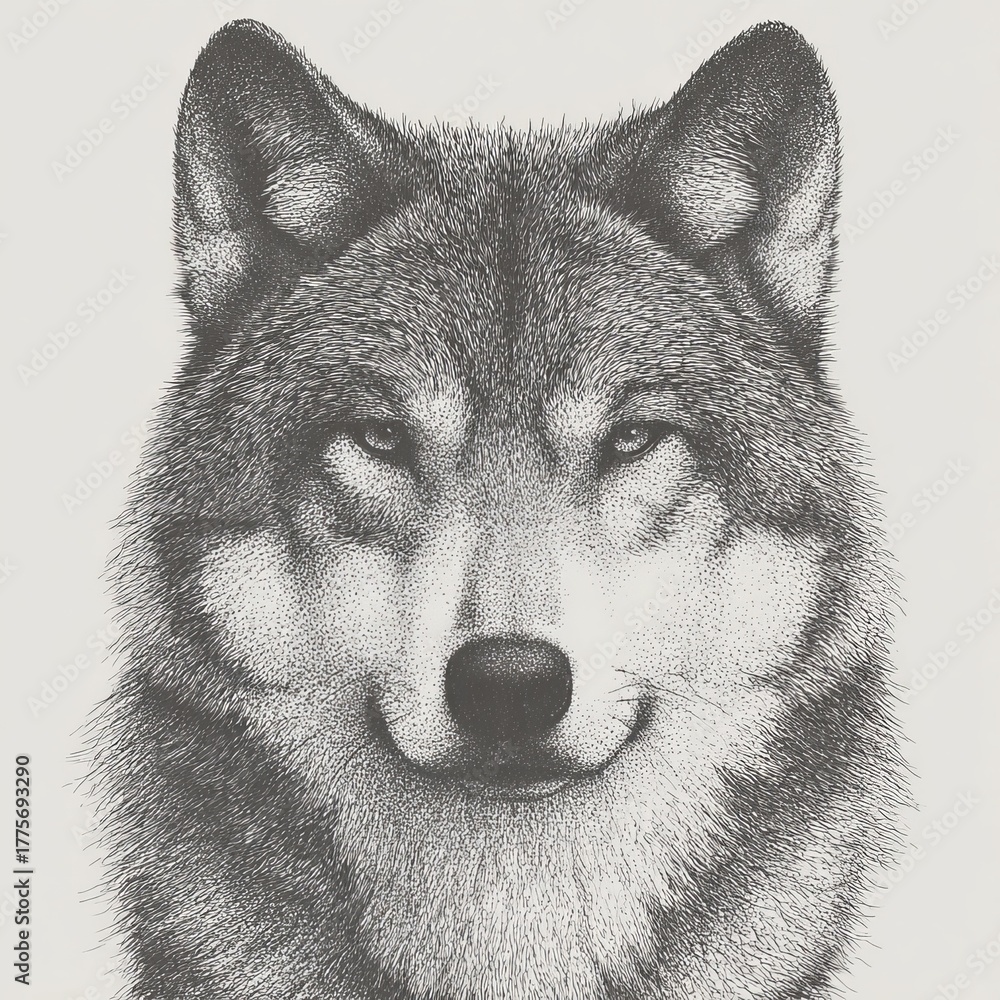 Fototapeta premium Portrait of a Majestic Wolf: A striking close-up of a wolf, its piercing eyes locked in a direct gaze, evoking a sense of wildness and raw power.