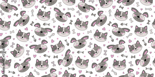Cat and dog seamless pattern. Cute, happy pet faces, bones, hearts. Repeating background. Pet supplies, food. Hand-drawn doodles. Pet Goods.