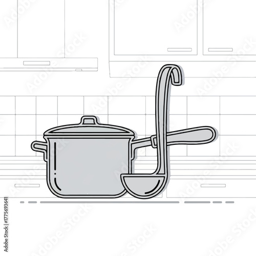 Kitchenware illustration of a pot and ladle for cooking and serving