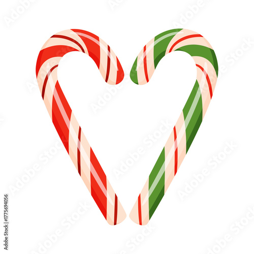 Two red and white candy canes forming heart shape. Cute flat vector illustration, perfect for Christmas cards, decorations, and festive designs. Vector illustration