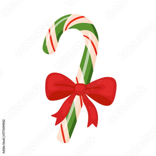 Green and white striped Christmas candy canes with red bow. Cute festive candy. Hand drawn trendy flat style isolated. Perfect for holiday cards, packaging, decorations. Vector illustration