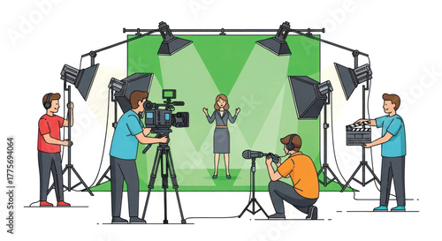 Dynamic filming scene with confident woman and crew on green screen studio setup