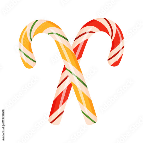 Yellow, Red and white striped Christmas candy canes. Cute festive candy. Hand drawn trendy flat style isolated. Perfect for holiday cards, packaging, decorations. Vector illustration
