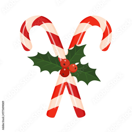 Red and white striped Christmas candy canes with holly leaves and berries. Cute festive candy. Hand drawn flat style isolated. Perfect for holiday cards, packaging, decorations. Vector illustration