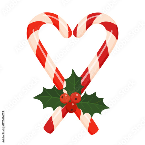 Two red and white candy canes forming heart shape with holly leaves and berries. Cute flat vector illustration, perfect for Christmas cards, decorations, and festive designs. Vector illustration