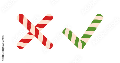 Yes and No candy canes icons. Hand drawn trendy flat style isolated on transparent background. Vector illustration