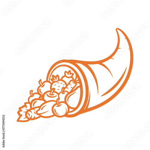 Colorful orange cornucopia or horn of plenty with fruits and vegetables. Thanksgiving traditional symbol, harvest and fall celebration